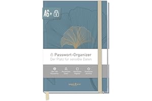 HÄFFT paper&you® Livre de mots de passe A6+ avec onglet A-Z "Blue Ginkgo" pour 320 données d'accès, gestionnaire de mots de passe petit, livre de mots de passe allemand - durable & respectueux du climat