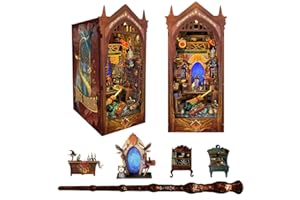 STRUCWOOD DIY Book Nook Kit with Remote Wand 3D Wooden Puzzle Dollhouse Miniature Booknook Creative Bookend Bookshelf Decor for Adults - Magic Academy (SQ-38)