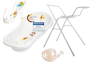KINDERWELT Disney Winnie Pooh Perla Blanco Bañera de Bebé XXL 100CM Con Tapón + Asiento de Bañera + Soporte para Beñera + Manguera de Desagüe