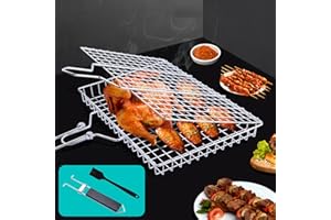 SUCCEASY Portable BBQ Grill Basket, Stainless Steel Fish Grilling Basket with Removable Wood Handle, Foldable BBQ Fish Grill Holder Come with Basting Brush, Grill Basket Perfect for Shrimp Fish Vegetables Meat