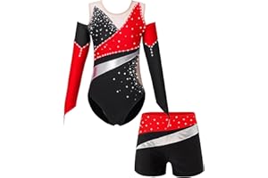 iEFiEL Mädchen Glitzer Turnanzug Mit Strass Leotard Gymnastikanzug Langarm Ballett Trikotanzug Tanzkostüm Set Sportlich Shorts Kruz