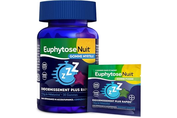 Gummies Sommeil, 1 mg de Mélatonine, Complément Alimentaire, Vitamine B6, Endormissement Plus Rapide - 30 Gommes Myrtille + 2 Gommes Pomme - EuphytoseNuit®