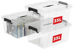 Cetomo 35L*3 Boîte de Rangement, Bac de rangement avec Poignée, Plastique Organisateur avec Couvercle, Empilable, Transportable, pour Vêtements, Bureau, Chambre, Dortoirs, Transparent, 35L - Lot de 3