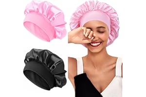 ALILEADER 2PCS Silk Bonnet for Sleeping, Hair Bonnet for Curly Hair, Satin Bonnets for Sleeping, Soft Elastic Band Satin Sleep Cap (Black+Pink)
