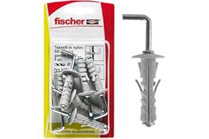 Fischer 6 chevilles SB 9 avec crochet long, universelles pour la fixation de lampes, miroirs, meubles sur mur et béton, gris, 504446