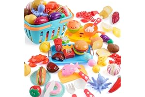 FORROBY 35 Pièces Jouets Enfant Cuisine,Accessoire de Jouet de Cuisine Enfant avec Crabe, Homard, Couverts et Panier de Rangement,Fruits et Légumes Jouet à Couper de Jouet imitant pour Enfants 3 Ans+