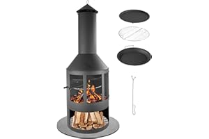 Lemodo Gartenkamin mit Grillrost und Pfanne, Outdoor-Kamin 136 cm mit Funkenschutztür, Grillkamin für Holz mit Schornstein, Terrassenofen mit Holzablage, Feuerstelle und Gartenofen