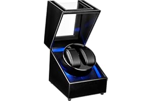 Mcbazel Double Remontoir de Montre, Boîte à Montre à Double Position en Cuir PU, 5 Modes de Rotation Automatique, Boîte de Rangement avec Chargement USB et Lumière LED Bleue – Noire