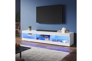 ZANOFIRA LED TV Unit Stand with RGB LED Lighted, High Gloss TV Stand with 3 Glass Open Shelf Storage, Modern TV Cabinet for Living Room, 1800x400x350mm, White