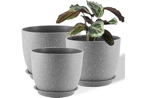 FORAGIFT 25/23/20cm Plant Pots Indoor, 3 Pack Modern Decorative Plastic Planters with Drainage Holes and Tray for House Plants, Grey Speckles