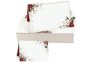 BETESSIN 50 Stück Tischkarten Weihnachten - Elegante Platzkarten mit Weihnachtsblumen Motiv - Weihnachtsdeko Tisch - Namenskarten zum Beschriften - Tischdekoration für Weihnachten