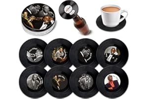 Retro Musique, Set di 8 sottobicchieri in vinile, con scatola in latta e apribottiglie magnetico, 8 pezzi, motivo leggende del jazz