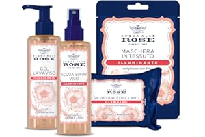 Acqua alle Rose, Set Illuminante con Vitamina C, per Pelli Spente o Opache, contiene Acqua Spray 200ml, Maschera in Tessuto 1 pz, Gel Lavaviso 200ml e Salviettine Struccanti 20pz - Esclusiva Amazon