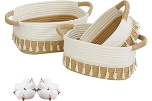 danpinera 3er Aufbewahrungskörbe Set aus Baumwollseil – Woven Rope Storage Baskets mit Griffen, Boho Quasten Deko körbchen, für Wohnzimmer, Schlafzimmer, Kinderzimmer, Große/Mittlere/Kleine Weiß-Khaki