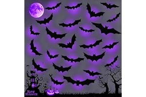 Aniepaa 24PCS LED Halloween Bats Decorations, 3D Luminous Wall Stickers Bat Decorations with LED Lights PVC Bats Halloween Wall Decor for Indoor Window Door Wall DIY Party Supplies (Purple)