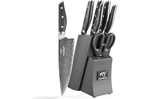 NANFANG BROTHERS Set di coltelli da cucina Damasco 7 pezzi con blocco, manico in ABS antiscivolo, set di coltelli in acciaio inox ultra affilati con blocco, coltello da chef, coltello da pane, ecc