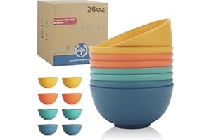 Wrova Reusable Plastic Bowl Sets 8 PCS Unbreakable Cereal Bowl 26 OZ Microwave and Dishwasher Safe Bowl Sets for Camping and Picnic Lightweight Kitchen Bowls for Serving Soup, Oatmeal and Fruit-Multi
