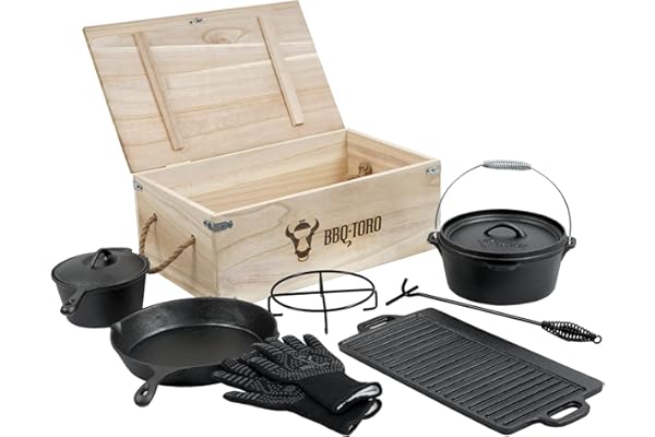 BBQ-Toro Set de Dutch Oven et boîte en bois | En fonte, déjà brûlée (8 pièces)