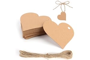 DORART HOME 50pcs Etichetta in Carta Kraft a Forma di Cuore e Spago da 10 M，Bigliettini Bomboniere，per l'Uso Come Souvenir di Nozze, Confezionamento di Regali, Realizzazione di Oggetti Artigianali ecc.