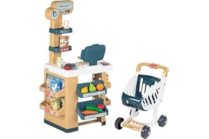 Smoby- Supermercado Infantil City Market- con Zona de Compra, Carrito, Caja registradora, Lector de código de Barras y 34 Accesorios, Juguete Niños Niñas 3 años (7600350238)