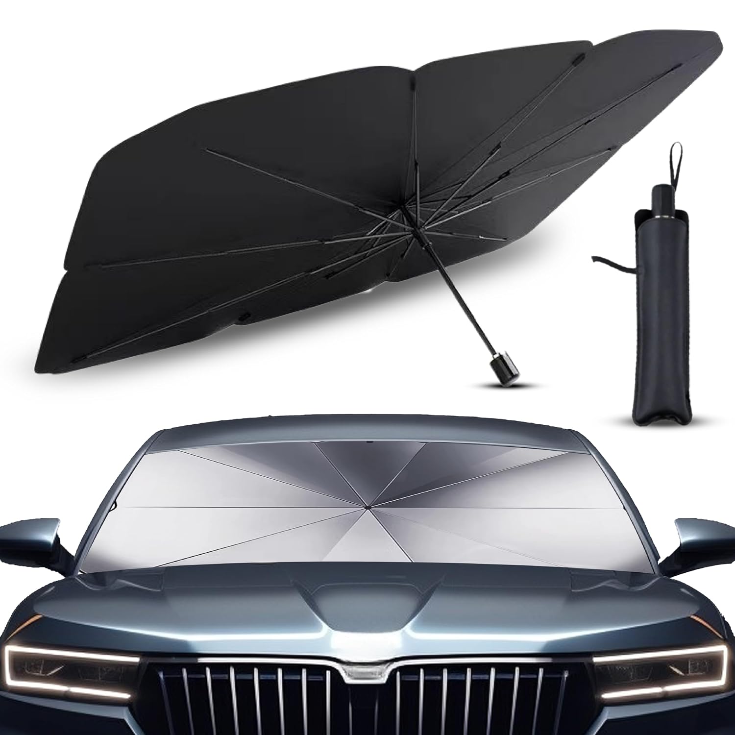 Parasol Coche Delantero Protector Solar SUV y Camión Parasol Paraguas Coche Resiste a los Rayos UV Parasol Plegable con Revestimiento de Titanio (Poliéster, 140 cm x 80 cm)