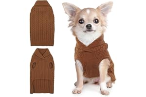 Lelepet Pull pour chien de petite taille, mâle et fille de très petite taille – Pull en tricot torsadé à col châle – Pull pour chihuahua – Chihuahua – Chiot, yorkshire, caniche, taille XS, marron