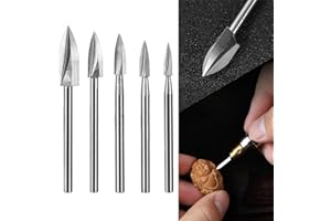 HPMAISON 5 Stück Holzschnitzwerkzeuge, HSS Gravierwerkzeug mit 3mm Schaft, Holz Gravierbohrer Schnitzmesser Set Rotationswerkzeuge Zubehoer für Holzbearbeitung
