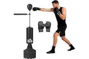 HOMCOM Sac de Frappe sur Pieds Punching Ball brunier 3 en 1 avec Ballon de Vitesse Bras Flexible Rotatif Hauteur réglable revêtement synthétique Base HDPE dim. 88L x 48l x 155-205H cm
