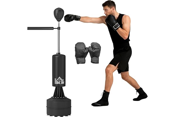 HOMCOM Sac de Frappe sur Pieds Punching Ball brunier 3 en 1 avec Ballon de Vitesse Bras Flexible Rotatif Hauteur réglable revêtement synthétique Base HDPE dim. 88L x 48l x 155-205H cm