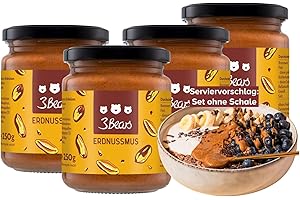 ‎3BEARS 3Bears Erdnussmus, 100% geröstete Nüsse, glutenfrei und vegan, cremig und intensiv im Geschmack, 4 x 250 g