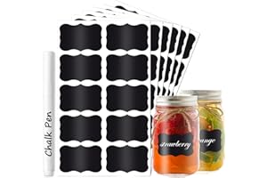 KIWITEK Chalkboard Black Labels for Spice Jars, 180 Pcs Blank Waterproof Reusable Removable Self Adhesive Blackboard Sticker for Pantry Storage Box Kitchen Home Organisation Food Containers, 1 White Chalk Pen