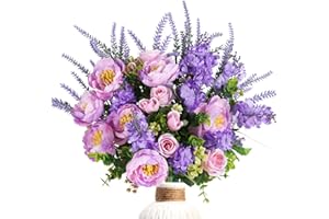 LIPJISL Künstliche Blumen Lila Seidenblumen Rose Unechte Blumen Deko Pfingstrose Gefälschte Hochzeit Blumen für Draußen Balkon Topf Zimmer Garten Innen Außenbereich Deko