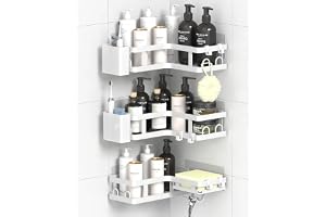 Gabeeriso Shower Caddy Corner 2-in-1,Rustproof Bathroom Organizer No-Drill | Resistant Corner Shower Shelf, Built-in Soap Holder & 18 Multi-Purpose Hooks, White 3-Pack for Bathroom Storage
