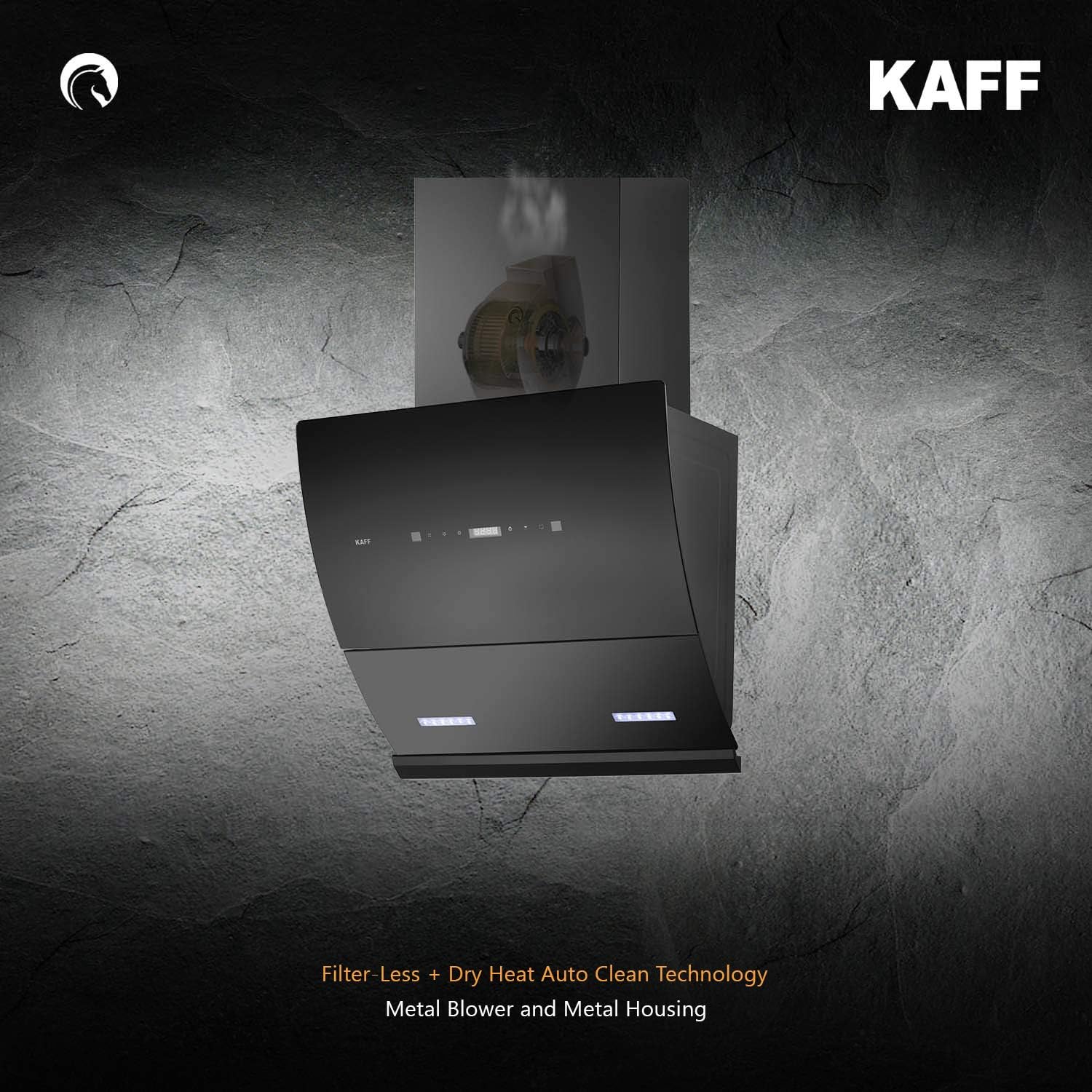 KAFF LYRA DHC 60 Filter-less Auto Clean Slant Kitchen Chimney 60 CM with 1250 m3/hr Suction Capacity, Touch with Motion Sensor Control, Motorized Vent Opening System and Digital Display (Black)