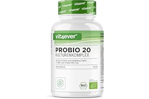 ‎VIT4EVER vit4ever Probio 20 - Kulturen Komplex mit 21 Mrd Milchsäurebakterien & 20 Bakterienstämmen + Bio Inulin je Tagesdosis - 180 magensaftresistente Kapseln - Hochdosiert - Vegan