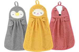 XZM, Set di 3 asciugamani per bambini e bambine, con passante per appenderlo, motivo animali, assorbenti, ad asciugatura rapida