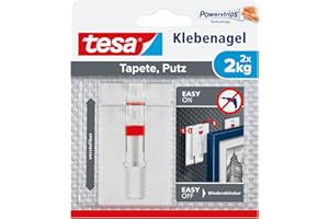 tesa Verstellbarer Klebenagel für Tapeten und Putz 2 kg - Höhenverstellbarer, selbstklebender Wandnagel - Bis zu 2 kg Halteleistung pro Nagel - 2-er Pack