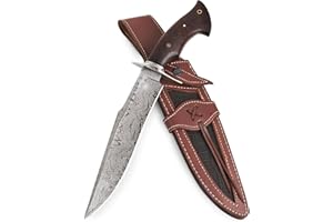 BIGCAT ROAR Screaming Eagle II - Couteau de Chasse Long 38 cm Acier Damas - Manche Bois de Noyer, Étui Cuir - Bushcraft, Survie, Outdoor - Cadeau Homme Chasseur, Aventurier ou Collectionneur Nature