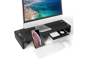 JEBELE Soporte elevador plegable para monitor, ancho regulable en altura para ordenador, organizador de escritorio con cajón de almacenamiento, ranura para teléfono, tableta, soporte para ordenador,