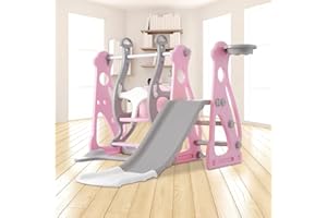 ‎HAINEW 4 in 1 Kinderrutsche Indoor und Outdoor für ab 1 Jahr, Kinder Spielplatz mit Rutsche, Treppenhäuser, Schaukel und Basketballrahmen, Kleinkinderrutsche Babyrutsche Gartenrutsche (Rosa)