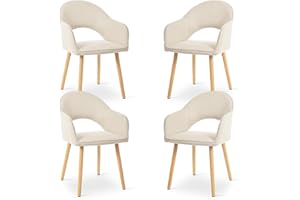 Goeurvant Beige Dining Chairs Set of 4, Upholstered Chairs with Armrests& Wooden Legs, Wool Linen Blend Armchairs, Ergonomic Kitchen Chair, Living Room Chair for Dining Room and Kitchen, Beige