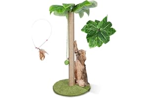 HEVOL Kratzbaum für Katzen,Natürlich Sisalseil Kratzstamm mit Simuliertem Blättern,85cm Höhe Kratzstamm mit 1 Interaktiven Hängenden Bällen -Senden KatzenfedernStick