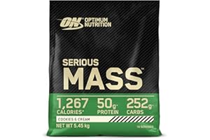 Optimum Nutrition Serious Mass Poudre de Protéine Gain de Masse Hautement Calorique avec 25 Vitamines et Minéraux, Créatine Monohydrate et Glutamine, Saveur Cookies & Crème, 16 Portions, 5.45 kg