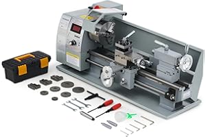 CREWORKS 750W Mini Tour à Métaux d'Établie 210x400mm 8"x16" Haute Précision avec Mandrin à 3 Mâchoires et Vitesse de Broche Max. 2500rpm Écran LCD pour Filetage Tournage Perçage