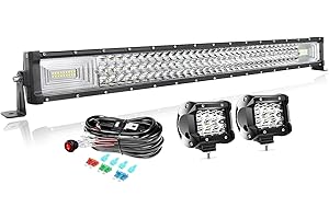 PICAA 32 Inch 405W LED Light Bar 4x4+2x 4 36W Work Lights+Wiring Harness Kit, Triple Rows Spot Flood Combo Driving Lamp for Car Offroad Truck SUV ATV Tractor 12V 24V