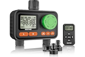 RESTMO RF Remote Controlled Water Timer 2 Outlets, Garden Hose Timer with Automatic/Manual/Rain Delay System for Outdoor Tap, Drip Irrigation and Lawn Watering