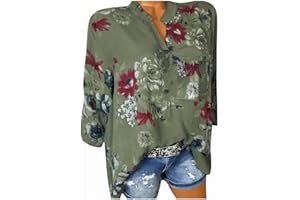 Wtouhe Femme Hauts Lâche Chemisiers Été T-Shirt 2021 Pas Cher Manches Courtes/Longues Col V Bouton Décontractée Mode Vrac Tee Shirt Floral Impression Casual Tops Chic Blouses Cadeau Nouveau Vente