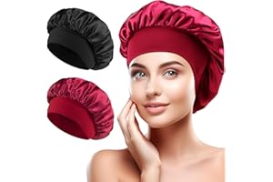 Gemtte Jedwabne loki do spania, oddychająca czapka do spania, regulowana, satynowa czapka do spania, jedwabny czepek do spania (czarny + burgundowy), czarny, jeden rozmiar