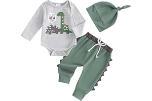 Bufarromio Newborn Baby Boys Fall Winter 3Pcs Outfits Dinosaur Print Long Sleeve Romper Serrated Long Pants Beanie Hat Clothes Set