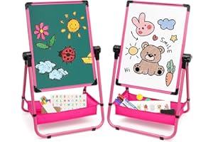 HOMCENT Kinder Staffelei Kunst-Staffelei für Kinder mit doppelseitiger Staffelei-Tafel, weiße und Schwarze Staffelei, höhenverstellbar (Rosa)
